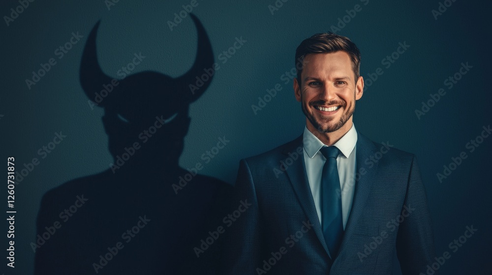 Poster a confident man in a suit smiles beside a shadow resembling a devil, creating a striking contrast of