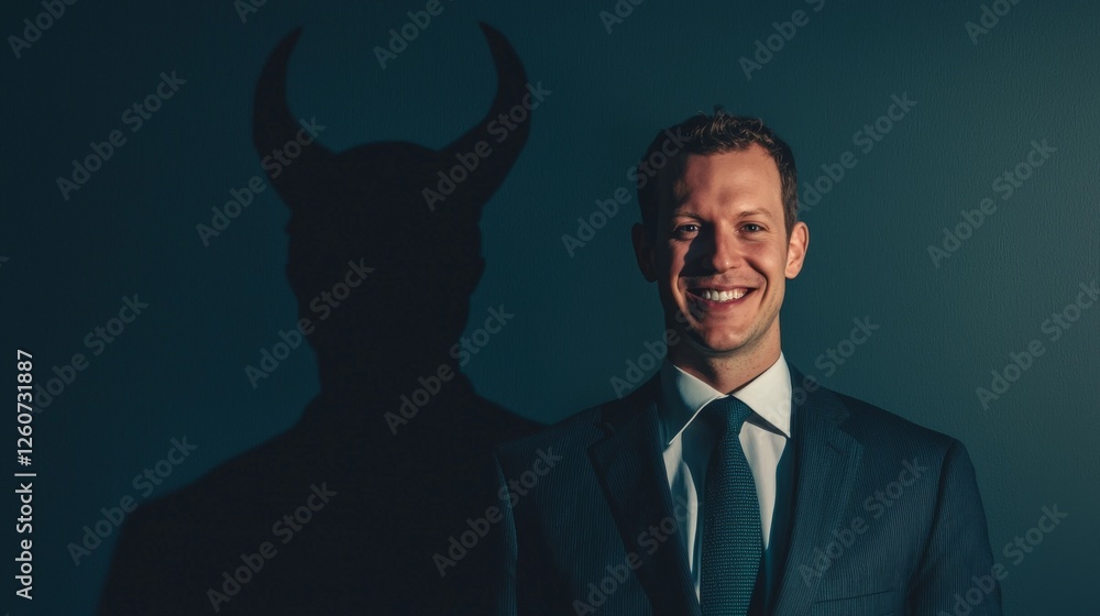 Poster a smiling man in a suit casts a shadow resembling horns against a dark background, creating a striki