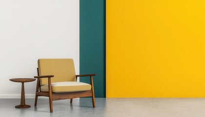 interior design color schemes eco-friendly. Urban-style living room with exposed concrete, eco-friendly dark wood furniture, and pops of mustard yellow and teal