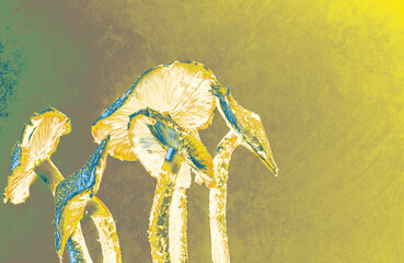 Abstract image of mushrooms in delicate golden blue vintage colors. Soft lines and muted colors create a feeling of magic and fairytale. Ideal for creating backgrounds for presentations, websites. 