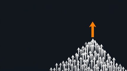 Fototapeta premium A visual of a mountain of upward-pointing arrows, with a prominent orange arrow at the peak, symbolizing growth and progress.