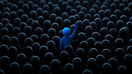 Obraz premium A blue figure stands out with a raised hand amidst a crowd of dark silhouettes, symbolizing individuality and the desire to be noticed.