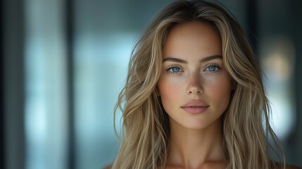 Portrait of a woman with long blonde hair and blue eyes, set against a softly blurred background