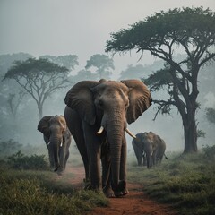 Obraz premium A herd of elephants walking through the mist.