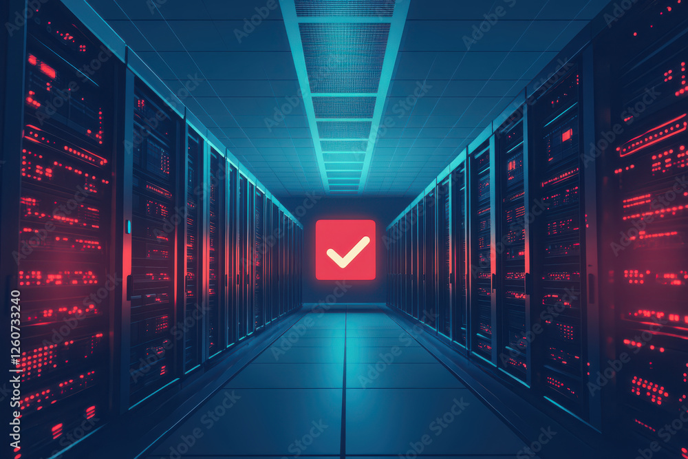 Poster warning notification displayed in server room, illuminated by red and blue lights, creates dramatic 