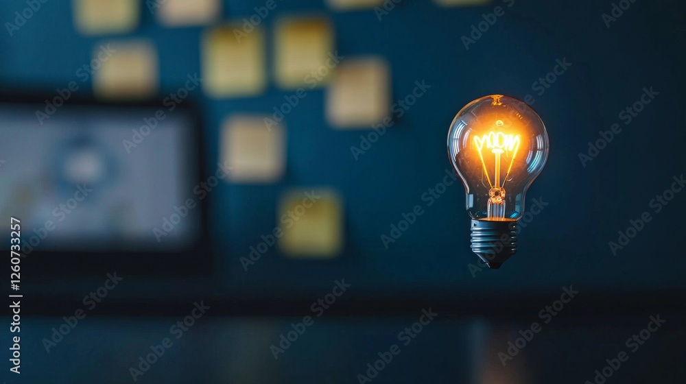 Poster a glowing light bulb floats in front of a wall with sticky notes, symbolizing creativity and innovat