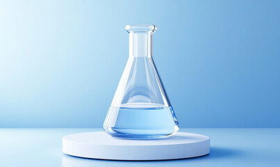 clear glass beaker filled with water on white platform against blue background