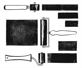 Linocut relief block printing rubber paint rollers, brayers illustration. Rectangle textured lino shapes, text boxes. Black ink brush hand drawn print tools. Master class poster tutorial ad template.