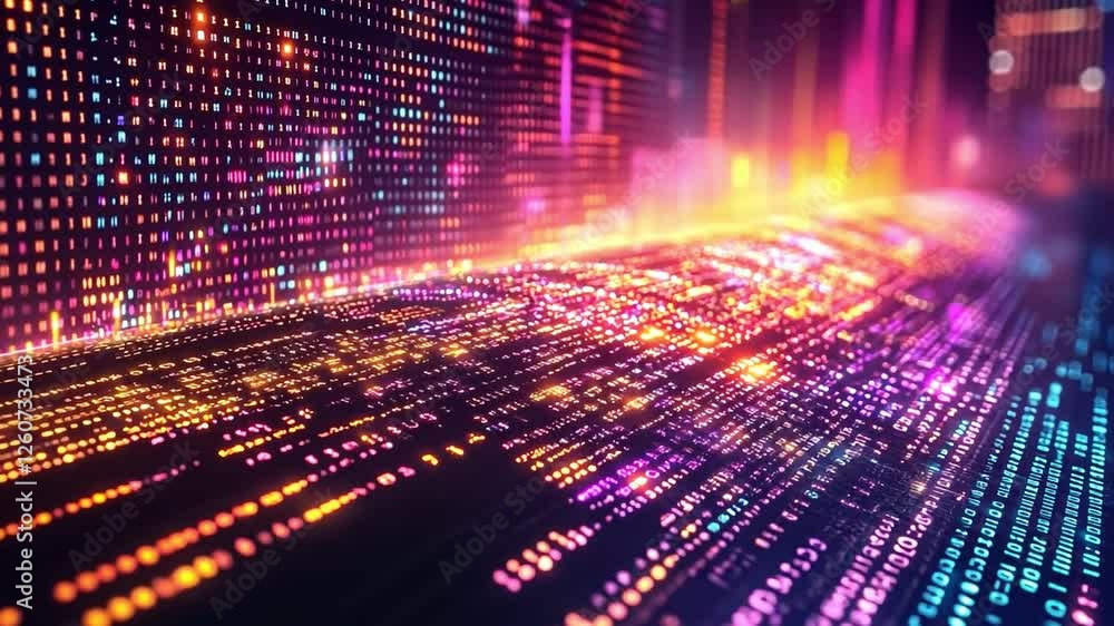 Fototapete Abstract Data Stream: An abstract visual representation of data flow and coding, captured in vibrant neon hues. Glowing lines of code cascade through a digital space.