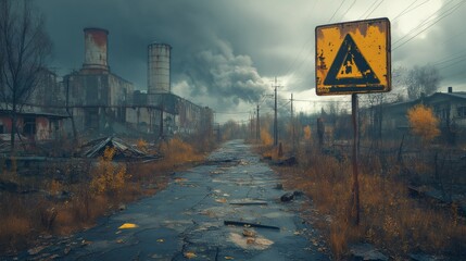 Abandoned industrial area with warning sign and smoking chimneys