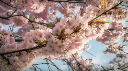 Delicate pink cherry blossoms in full bloom against a serene sky