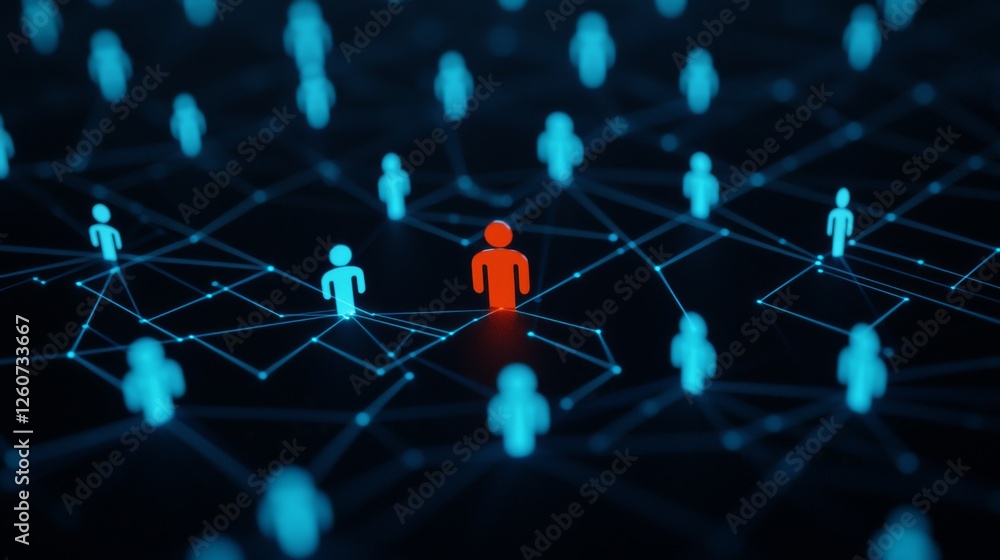 Poster a red figure stands out among blue figures in a network, symbolizing individuality within a digital 