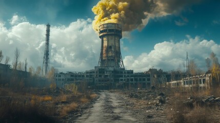 Chernobyl nuclear power plant emitting yellow smoke in a desolate landscape