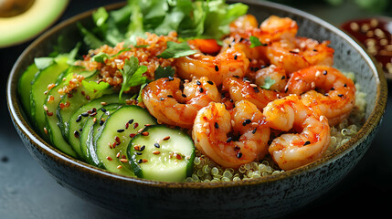 Delicious Hawaiian shrimp poke bowl with quinoa and fresh vegetables display