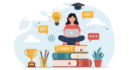 A flat illustration of a young woman sitting cross legged on a tall stack of books working on her laptop
