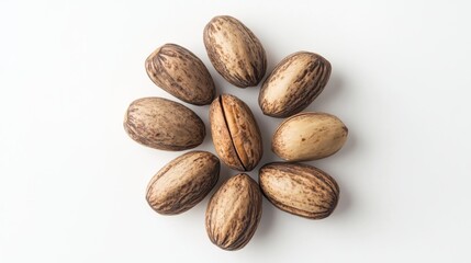 Obraz premium Pecan nuts arranged in a circle on white background. Possible use food packaging design or ingredient display