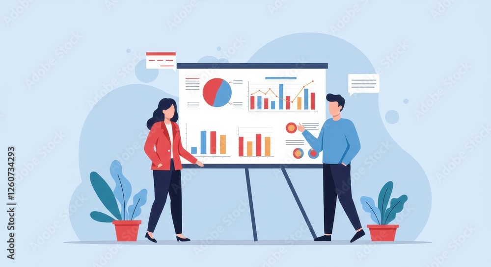 Poster a professional flat illustration of a business presentation scene of a woman and a man stand near a 