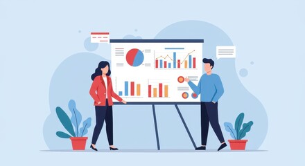 A professional flat illustration of a business presentation scene of a woman and a man stand near a large presentation board displaying bar graphs
