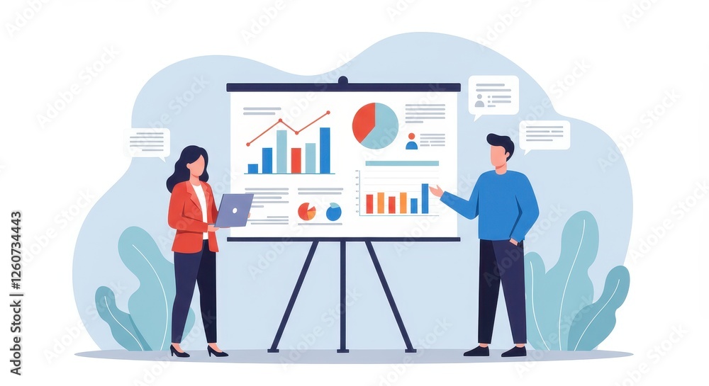 Poster a professional flat illustration of a business presentation scene of a woman and a man stand near a 