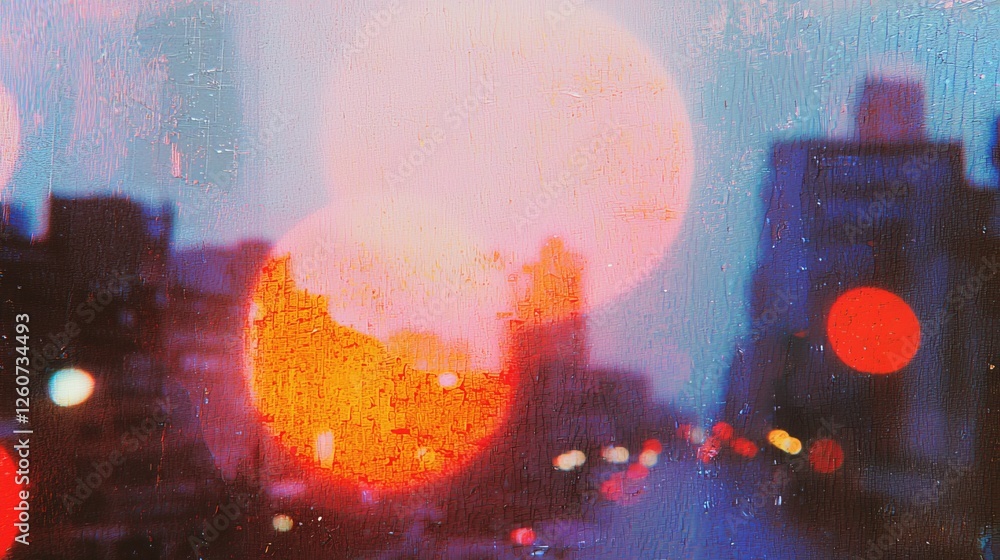 Poster nostalgic lomo-style photography with colorful background and artistic bokeh effects in urban settin