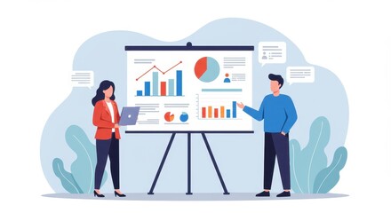 A professional flat illustration of a business presentation scene of a woman and a man stand near a large presentation board displaying bar graphs