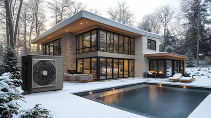 Efficient heating solution air source heat pump outside modern home in snowy winter