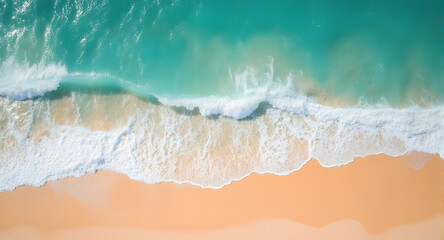 Fototapeta premium Aerial View of Turquoise Ocean Waves on Sandy Beach