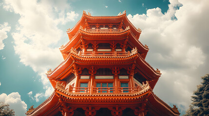 Fototapeta premium Elaborate orange pagoda reaching towards a vibrant sky with fluffy clouds