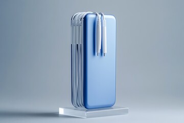 power bank isolated on black background.Phone charging with energy bank.Modern gadget on wood table. Digital concept. Charge of smart phone from power bank.Additional self-contained external battery 