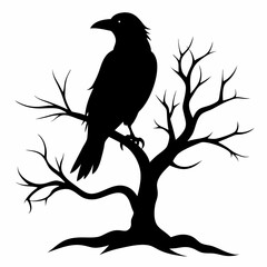 Raven on a branch of dry tree vector on white background.
