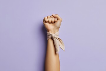Woman showing fist with beige ribbon on purple background: fighting for women's rights