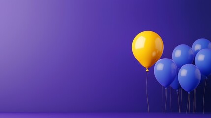 A vibrant scene featuring a single yellow balloon among several blue balloons against a purple background, evoking a festive atmosphere.