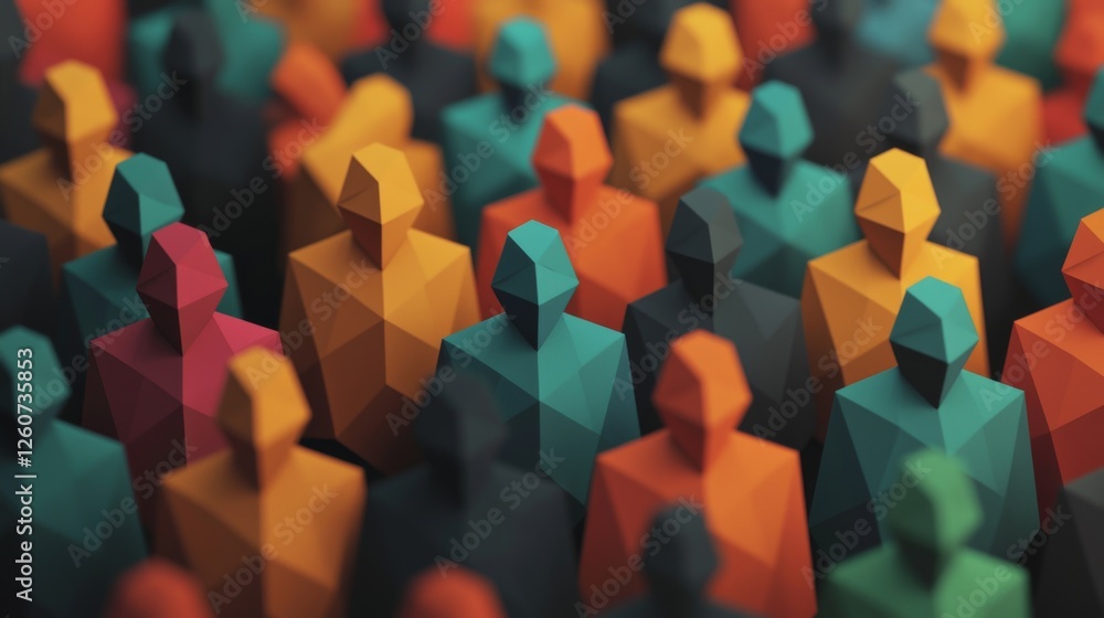 Poster a colorful array of stylized, geometric figures representing a diverse group of people in a crowded 