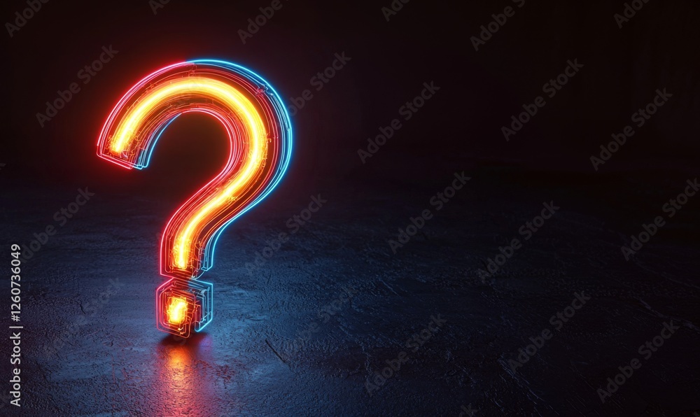 Poster a glowing neon question mark stands on a dark surface, creating a striking visual contrast and evoki