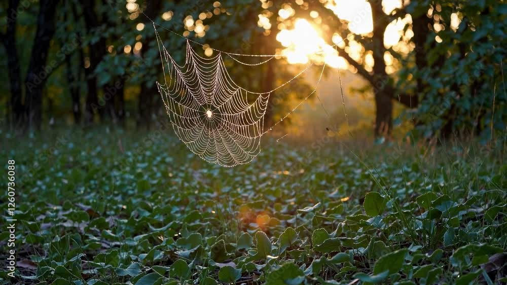 Poster low-angle shot of a dewy spider web in a forest, with sunlight filtering through trees, creating a s
