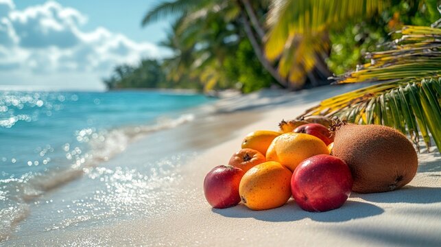 Tropical fruits resting on idyllic white sand beach
