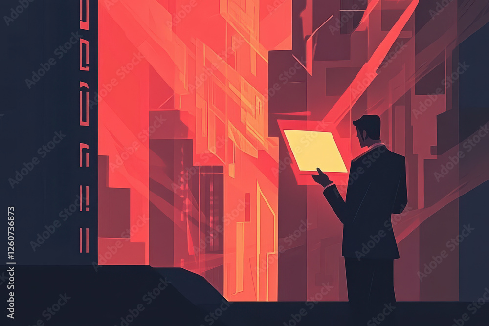 Poster businessman observing futuristic cityscape with glowing structures and digital interfaces, conveying