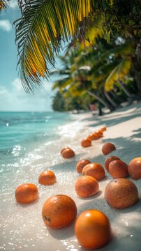Fresh oranges washed ashore a tropical beach paradise