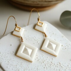 Elegant geometric gold earrings with white square pendants on textured surface