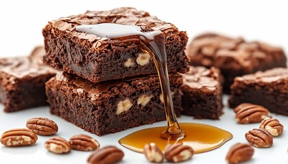 Stacked Chocolate Brownies Drizzled with Syrup and Pecans