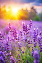 Obraz premium Purple lavender flowers on sunny beautiful nature summer background. 