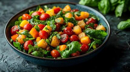 Fresh and colorful tomato salad with mango and spinach in a blue bowl