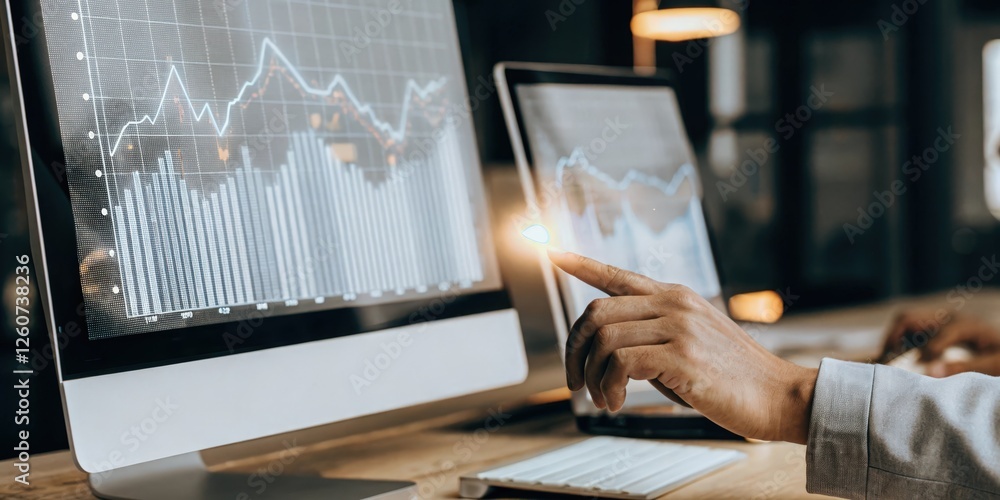Poster an analyst sits at a sleek workstation interacting with a 3d holographic interface displaying sales 