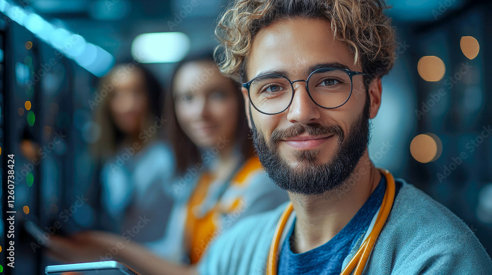 Poster a young man with glasses and a beard working in a data center, using a tablet. bright red server lig