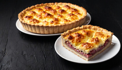 A round Danubio Salato pie with Apart baked pie balls on top, sliced to show the ham meat inside, captured from a ground-level perspective. The pie is placed in a white ceramic baking dish, with a dar