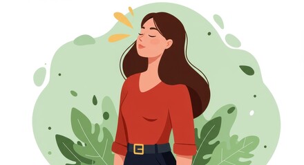A flat illustration of a young woman standing peacefully with her eyes closed taking a deep breath of fresh air