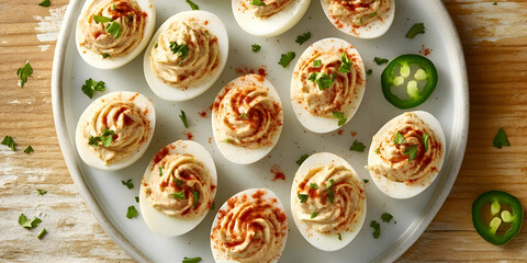 Delicious deviled eggs garnished with paprika and parsley, served on a rustic wooden table. Perfect for appetizers or parties.