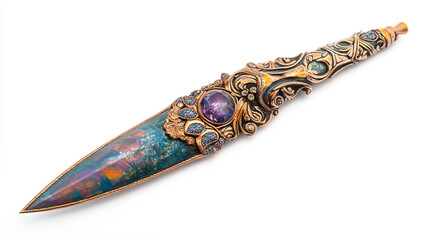 Exquisitely crafted ornate decorative dagger featuring intricate detailing, embedded gemstone, and a unique artistic design against a white background