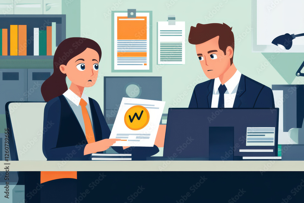 Poster employees reviewing files with warning indicator, discussing important documents in office setting. 