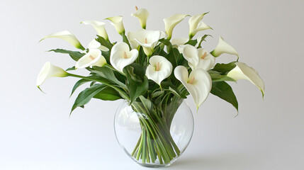 Graceful and elegant floral arrangement of white calla lilies in a clear glass vase, set against a clean white background